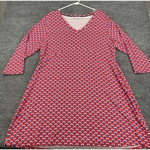 Boden Dress Womens 16 Red Geometric Print 3/4 Sleeve V Neck A Line Knee Length